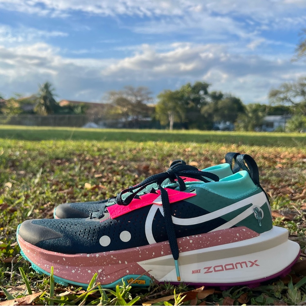 Nike ZoomX Zegama Running Shoes - Black, Green, and Pink. New,no box. 10.5W / 9M